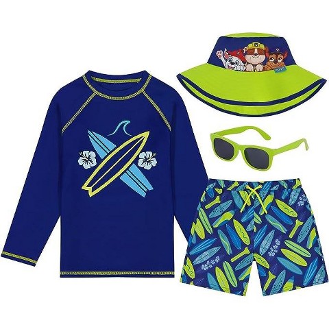 Nickelodeon Paw Patrol Boy's 4-Piece Kids Set, Long Sleeves Rash Guard Swim Shorts, Sunglasses & Bucket Hat (Size 4T)