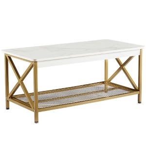 VECELO Industrial Wooden Coffee Table with Open Shelves and Storage X-Shaped Frame Rectangle Table - 1 of 4