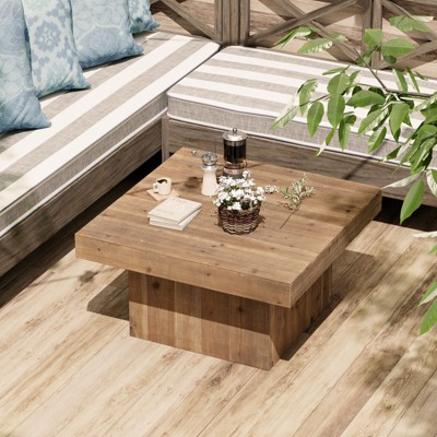 JIONJOY Rustic Square Coffee Table with Cubic Base – Modern Farmhouse Style Solid Wood Block Table for Living Room, Lounge, or Family Space