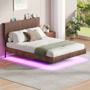ORRD Walnut Queen Floating Bed Frame with Charging Station, LED Lights & Wavy Headboard, No Box Spring Needed, Heavy Metal Support - 1 of 4