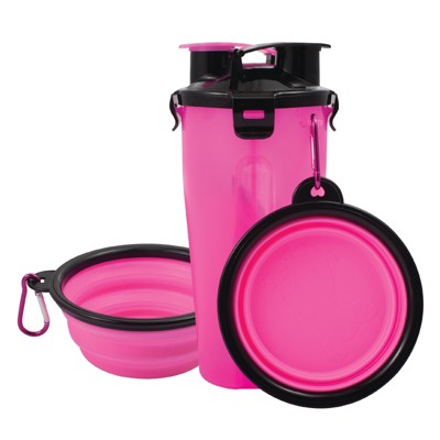 Pet Food Water Bottle 2-in-1 Portable with 2 Collapsible Bowls for Dog Travel Walking Hiking, Pink/Black