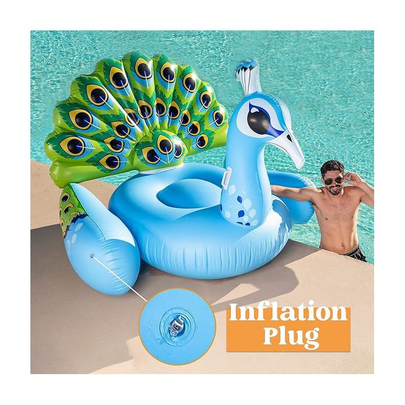 Sloosh 66'' Inflatable Peacock Pool Float, Giant Green Peacock Ride on Raft for Swimming Pool Adults Kids Water Fun, Beach Floaties, Party Decoration, 4 of 9