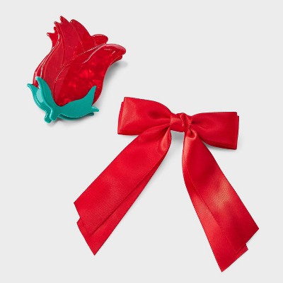 Valentine's Day Acrylic Rose Hair Claw Clip with Bow Set 2pc - A New Day™ Red