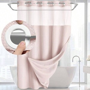No Hook Shower Curtain with Snap in Liner Set Less Time Waffle Shower Curtain for Bathroom 75" L x 72" W Pink - 1 of 4