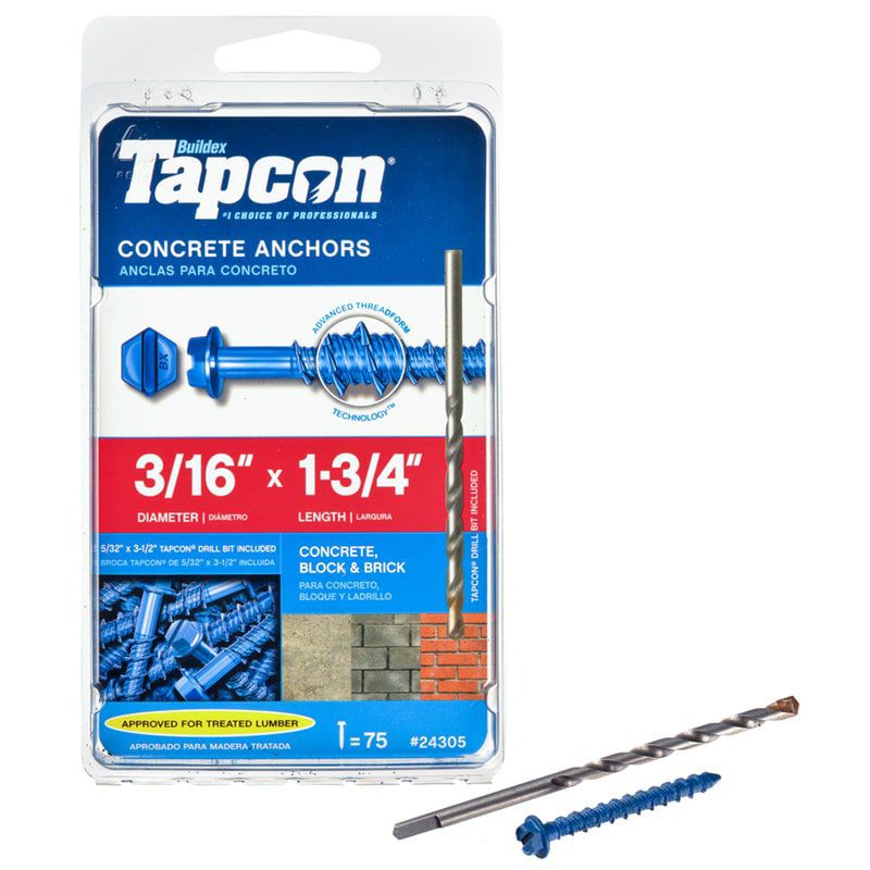 Tapcon 3/16 in. D X 1-3/4 in. L Steel Hex Head Concrete Screw Anchor 75 pk, 1 of 4