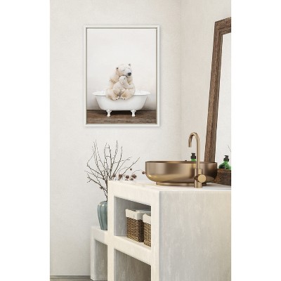 White Framed Canvas Art with Polar Bears in Bathtub, 18" x 24"