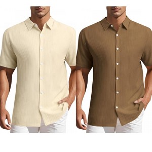 INSPIRE CHIC Men's Summer Point Collar Short Sleeves Button Down Linen Shirts 2 Packs - 1 of 4