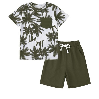 Little Kid Shorts Sets Kids Summer Beach Outfit  Pulm Leaves Pattren Short Sleeve Shirt Top with Shorts Suits