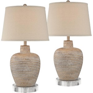 Regency Hill Glenn Rustic Farmhouse Table Lamps Set of 2 with Round Risers 28 1/2" Tall Dappled Sandy Beige Oatmeal Fabric Drum Shade for Bedroom Home - 1 of 4