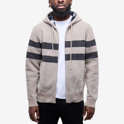 CULTURA Mens' Full Zip Hooded Striped Cardigan Sweater With Faux Shearling Lining