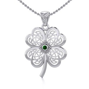 Slickblue Women's Celtic Four Leaf Clover Pendant Necklace, Sterling Silver with Emerald Glass, 1.65", 18" Chain - 1 of 4