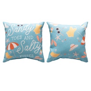 Manual Woodworks and Weavers Beach House Decor Pillow – Sandy Toes and Salty Kisses Quote in Coastal Blue - 1 of 3
