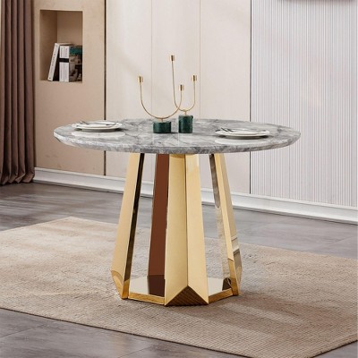 PAGED 46.85" Dining Table, Round Kitchen Table with Faux Marble Tabletop and Stainless Steel Base, Coffee Table for Kitchen Dining