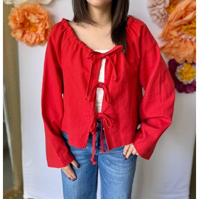 Women's Linen Blend Tie Front Cardigan - MIOU MUSE