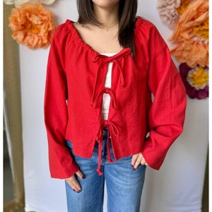 Women's Linen Blend Tie Front Cardigan - MIOU MUSE - 1 of 3
