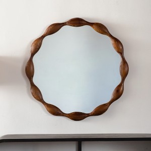 KWPZQEB 32.28" Round Mirror, Farmhouse Solid Wood Wall Mirror with Wavy Irregular Design, Wall Mounted Vanity Mirror for Hallway, Entryway, Brown - 1 of 4
