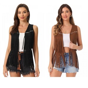 INSPIRE CHIC Women's 70s Western Open Front Faux Suede Fringe Vest 2 Packs - 1 of 4
