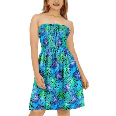 HAPPY BAY Women's Tube Dress Top Mini Smocked One Size Leaves Blue