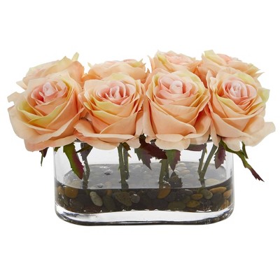 Valentine's Day Radiant Rose 17'' Outdoor Faux Floral Arrangement in Glass Vase