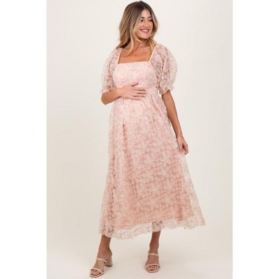 PinkBlush Light Pink Floral Mesh Overlay Tie Back Maternity Midi Dress