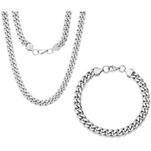Steeltime 24" and 8" Men's stainless steel cuban link chain set. Color Option: Silver, Gold, Black - 1 of 4