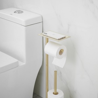 Brushed Gold Freestanding Toilet Paper Holder with Storage Shelf