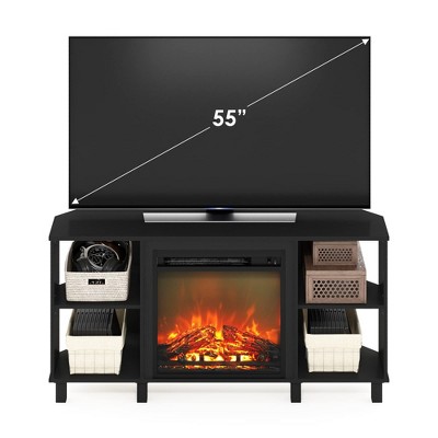 Gray Jensen Corner TV Stand with Electric Fireplace and Metal Legs
