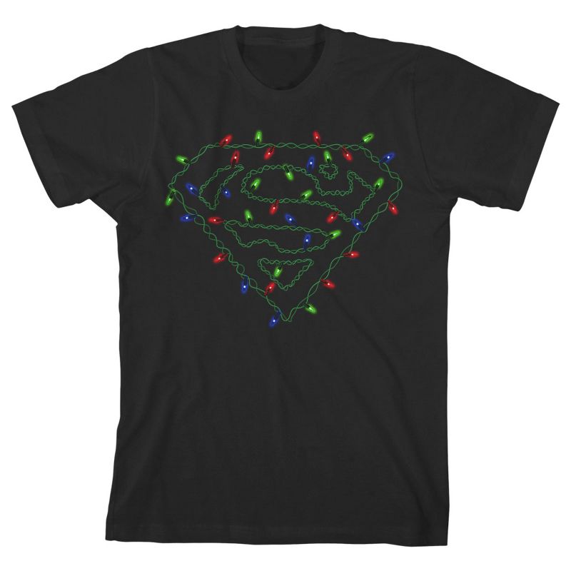 Superman Logo With Christmas Lights Black T-shirt Toddler Boy to Youth Boy, 1 of 3