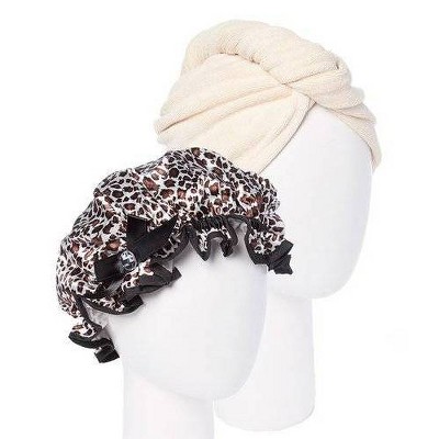 Turbie Twist Cream Microfiber Hair Towel and Leopard Shower cap