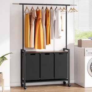 2 or 3-Compartment Laundry Sorter Hamper with Hanging Rod, Wooden Shelf, and 2 or 3 Removable 13-Gallon Bags, Rolling Organizer, Black - 1 of 4