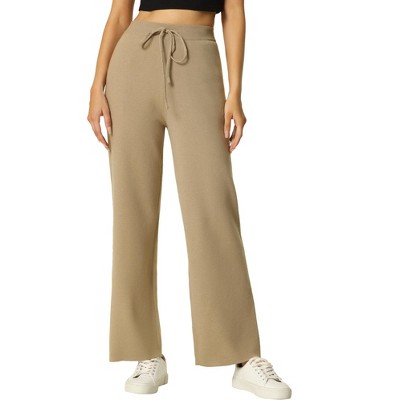 Seta T Women's Casual Ribbed Knit Elastic High Waist Tie Front Wide Leg Pants
