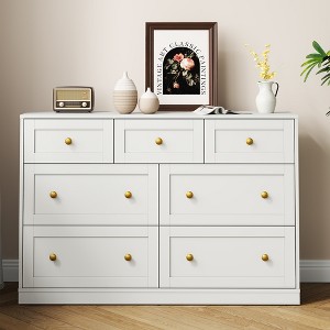 Heynemo 7 Drawer Dresser, 47'' Wide Modern Chest of Drawers with Gold Knobs, Wooden TV Stand Storage Organizer for Bedroom, Living Room, White - 1 of 4