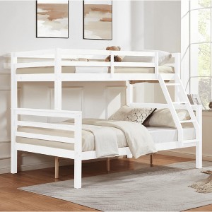 MAYEERTY Twin over Full Bunk Bed with Ladder, Wooden Bed Frame with High Guardrail and Ladder for Kids, No Box Spring Needed, White - 1 of 4