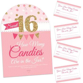 Big Dot of Happiness Sweet 16 - How Many Candies 16th Birthday Party Game - 1 Stand and 40 Cards - Candy Guessing Game
