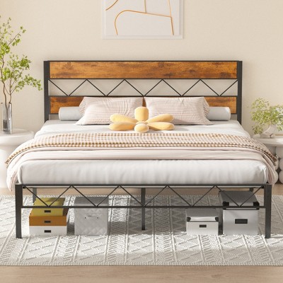 VECELO Metal Platform Bed Frame with Rustic Vintage Wooden Headboard, Heavy Duty Metal Slats Support