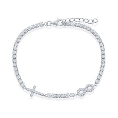 Bella Silver Sterling Silver, Infinity & Cross Tennis Bracelet - Silver - 7+1 Inch