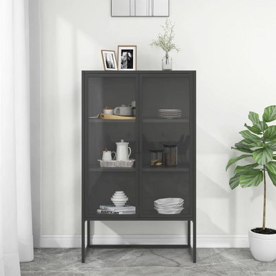 VidaXL Highboard Anthracite 31.5"x13.8"x53.1" Steel and Tempered Glass