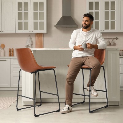 Barstool,Armless Industrial Faux Leather Barstools With Metal Legs And Footrest,Dining Chairs For Home Office Kitchen Island-The Pop Home