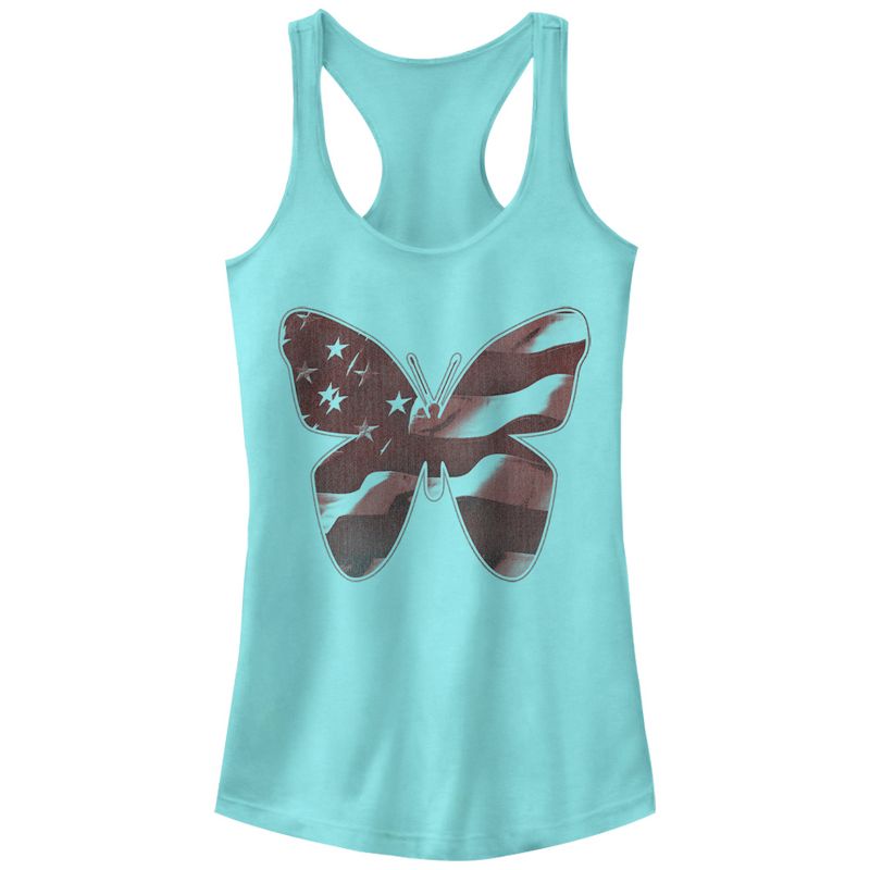 Juniors Womens Lost Gods Fourth of July  American Flag Butterfly Racerback Tank Top, 1 of 4