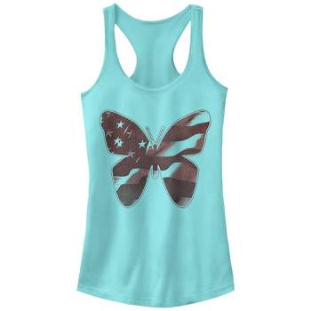 Juniors Womens Lost Gods Fourth of July  American Flag Butterfly Racerback Tank Top