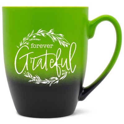 Elanze Designs Forever Grateful Wreath Two Toned Ombre Matte Green and Black 12 ounce Ceramic Stoneware Coffee Cup Mug