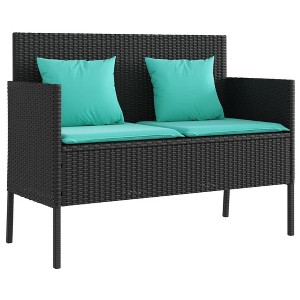 vidaXL Outdoor Loveseat Bench - Black PE Rattan, Padded Blue Cushions, Storage Under-Seat, Weather-Resistant, Garden/Patio Furniture, 44.5"x24"x34.3" - 1 of 4