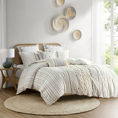 Sapphtopaz Bedding Set Duvet Cover Set Tufted Chenille Cotton with Stripes Printing 3 Piece 1 Cover, 2 Pillow Shams