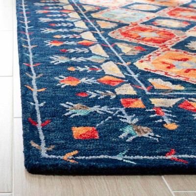 Handmade Blue Geometric Wool Square Area Rug