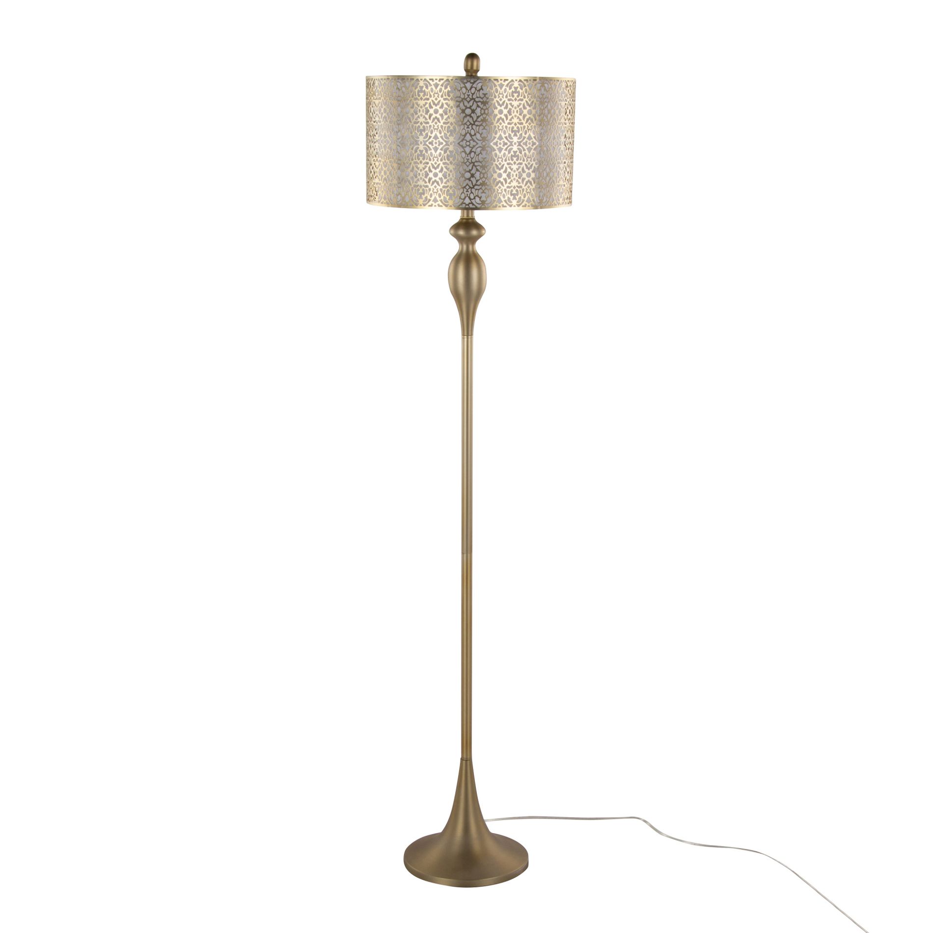 Contemporary Gold Floor Lamp with Double-Layered Off-White Linen Shade and Laser Cut Metal Accent, 63 Inch Tall