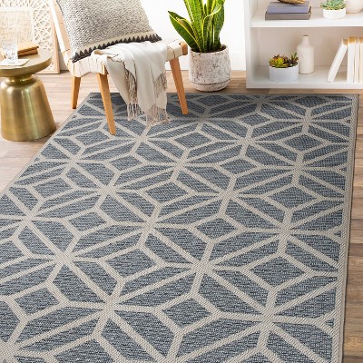 Blue and Beige Geometric 5' x 7' Indoor/Outdoor Area Rug