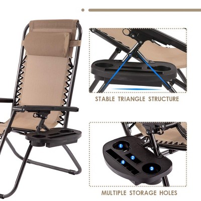 Tan Foldable Zero Gravity Outdoor Lounger Set with Cushions