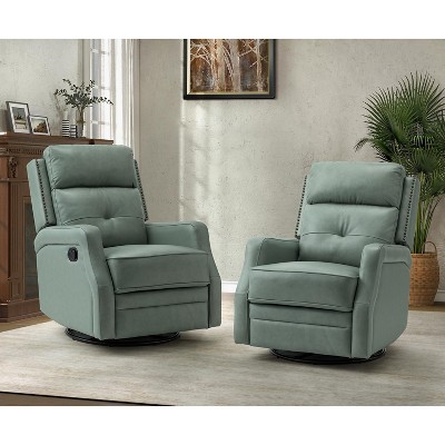 Set of 2 Basilio 28.74" Wide Tufted Wooden Upholstery Genuine Leather Swivel Rocker Recliner with Nailhead Trims | ARTFUL LIVING DESIGN