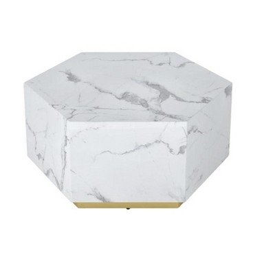 HomeRoots 35" White And Gold Faux Marble Hexagon Drum Coffee Table