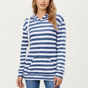 Anna-Kaci Women’s Striped Ribbed Knit Hoodie Top with Soft Textured Fabric Long Sleeves and Kangaroo Pocket Tunic-Length Design - 1 of 4